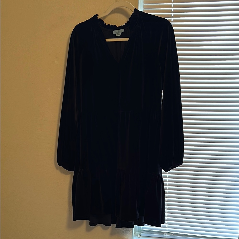 CeCe Black Babydoll Dress with Long Bishop Sleeves and tiered Skirt